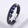 Detail of men's braided black leather bracelet with blue beads and silver magnetic clasp - Silver (Dark Blue Bead)