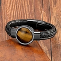 Dettaglio del bracciale occhio di tigre in pelle intrecciata nera con intarsio in zircone - Nero-Stile Occhio di Tigre (5008462987973)