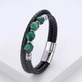 Detail of men's double-layer black braided leather bracelet with green stones and magnetic clasp - Silver (Green Faceted Stone)