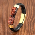 Bracelet ethnique en cuir noir pour homme avec perles œil de tigre et boucle dorée - Style Œil de Tigre Rouge à Boucle Dorée (Gold-3)
