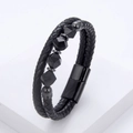 Mens double layered black woven leather bracelet with geometric beads and magnetic clasp - Black (Black Diamond Bead)