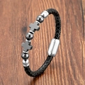 Detail of black braided leather men's bracelet with silver crosses and magnetic clasp - Grey Spotted Stone Style (Style-5)