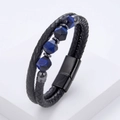 Detail of woven black leather cord bracelet with four blue natural stone beads and magnetic clasp - Black (Blue Textured Bead)