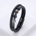Macro view of double-layered braided leather bracelet with geometric natural stone beads - Black (Polyhedral Rough Stone)