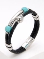 Bracelet pour hommes en cuir tressé noir double couche avec fermoir inox et perles turquoise - Style Turquoise (Style-4)