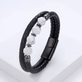 Detail view of double-layer black woven leather bracelet with white marble stone inserts - Black (White Marble Pattern)