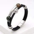Detail of men's double-layer braided leather bracelet with magnetic stainless steel clasp - Dark Green Agate and Tiger Eye Style (Style-5)