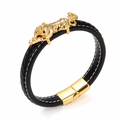 Bracciale da uomo in pelle nera intrecciata con un dettaglio di tigre dorata lucida - Stile Tigre Oro
