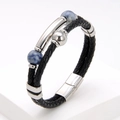 Detail shot of black braided leather bracelet with blue marble beads and magnetic clasp - Blue and White Marble Texture Style (Style-6)