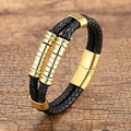 Pulsera doble de cuero trenzado negro para hombre con cierre magnético de acero dorado - Dorado
