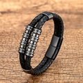 Detail of double-layer black braided leather bracelet with magnetic clasp and metal beads - 21cm / Double Layer Woven Style / Black