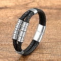Detail of black braided leather bracelet with silver metal rings on a wooden surface - 21cm / Double Layer Woven Style / White