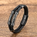 Close-up of double-layer black braided leather bracelet with gunmetal magnetic clasp - Black