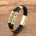 Men's double-layered black braided leather bracelet with golden metal magnetic buckle - 21cm / Double Layer Woven Style / Gold