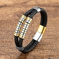 Primer plano de pulsera de cuero trenzado negro de doble capa con cierre magnético mixto - Platino