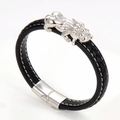 Men's braided black leather bracelet featuring a silver Pi Xiu charm and metal clasp - Silver PiXiu Style