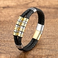 Detail of double-layer black braided leather bracelet with magnetic clasp on wood - 21cm / Double Layer Woven Style / Platinum