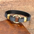 Close-up of black leather bracelet with grey woven texture and golden metal clasp - Black-2