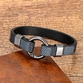 Detail of blue-grey fabric and black leather men's bracelet with dark metal clasp - Black Style 3