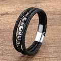 Bracelet multicouche en cuir tressé noir avec perles argentées et fermoir magnétique - Noir et Blanc