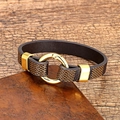 Brown braided leather bracelet with large gold metal spring clasp and vintage texture - Brown-2