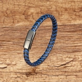 Detailed close-up of woven blue and black leather bracelet with sleek magnetic clasp - Blue/Black Braided - Black Clasp