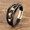 Detail of multi-layer black leather bracelet with gold beads and magnetic metal clasp - Gold Clasp Three Gold Beads Style (Style-1)