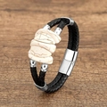 Mens black braided leather bracelet with white textured stones and silver magnetic clasp - Silver-White