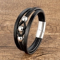 Multilayer genuine leather men's bracelet with silver beads and magnetic stainless steel clasp - Silver Clasp Three Silver Beads Style (Style-2)