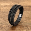 Bracelet multicouche en cuir tressé pour homme avec fermoir magnétique sur bois vintage - Brun foncé avec boucle d'argent