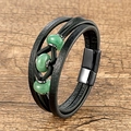 Bracciale multistrato da uomo in pelle nera con perle verdi e chiusura magnetica nera - Stile Pietra Verde (Style-1)