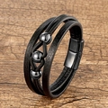 Handmade multilayer leather bracelet for men with steel beads and magnetic clasp - Black Clasp Three Gun-grey Beads Style (Style-3)