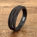 Détail d'un bracelet multicouche en cuir tressé marron foncé avec fermoir magnétique - Marron Foncé Fermoir Noir