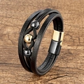 Detail of multi-layer leather bracelet with gold beads and magnetic metal clasp - Black Gold Clasp Contrast Color Beads Style (Style-4)