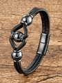 Mens multilayer black leather bracelet with three polished steel beads and magnetic clasp - Black