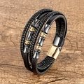 Bracciale multistrato in pelle intrecciata da uomo con chiusura magnetica in acciaio - Stile Misto Gunmetal e Oro (Stile-4)