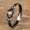 Bracelet multicouche en cuir noir pour homme avec trois perles en acier argenté - Noir et Blanc