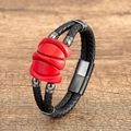 Men's double-wrap braided black leather bracelet with red marble stone beads and magnetic clasp - Black and Red