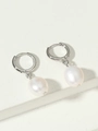Elegant silver pearl hoop earrings featuring lustrous round white pearls for women - Silver