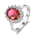 Elegant silver ring featuring a large oval red ruby zircon with halo diamond cluster - US 7 / Red (Silver Chain)