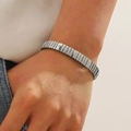 Polished silver stainless steel stretch bracelet with round diamonds in watchband style - Polished Watch Strap Style (Style 9)