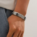 Men's silver polished stainless steel elastic bracelet with vertical stripes and zircons - Curved Stripe Style (Style 10)