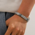 Silver stretch bracelet with brushed metal links and inlaid cubic zirconia stones - Square Link Style (Style 4)