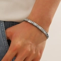 Men's polished stainless steel stretch bracelet with inlaid zircon crystals on wrist - Exquisite Rectangular Link Chain (Style 3)