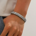 Men's silver stainless steel stretch bracelet with geometric links and clear zircon stones - 3D Geometric Design (Style 7)