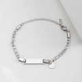 Polished silver stainless steel Figaro bracelet with heart charm and engraving plate - 15+5(cm) / Silver (Heart Charm)