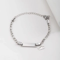 Silver stainless steel Figaro chain bracelet with rectangle tag and crown charm - Silver (Crown Charm)