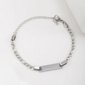 Silver stainless steel Figaro chain bracelet with blank ID plate and lobster clasp - Silver (No Charm)