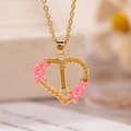 Collana a cuore dorata con fiori in smalto rosa e pendente lettera I da donna - Lettera I / Oro