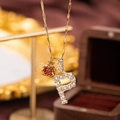 Gold pendant necklace with red pomegranate and P initial letter in pavé setting - Letter P